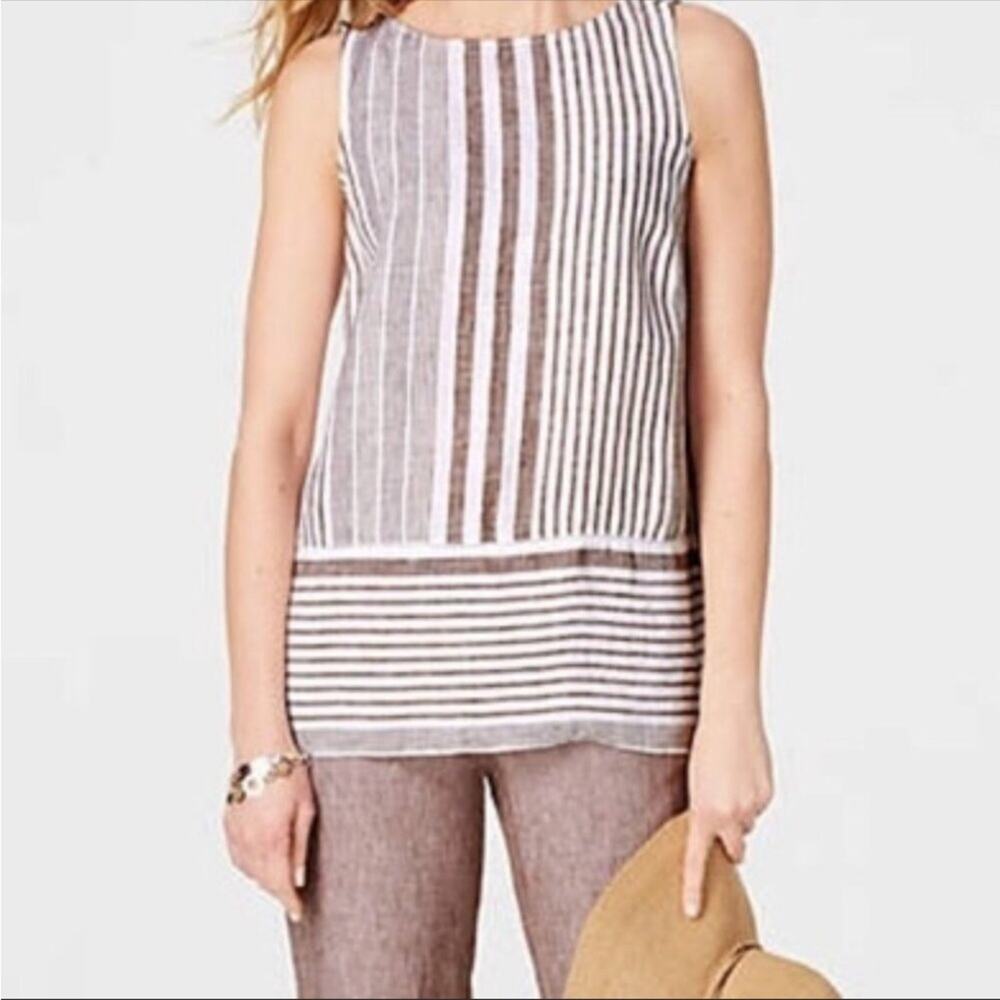 J Jill Love Linen Top Small Petite Sleeveless Blouse Brown White Striped Shirt